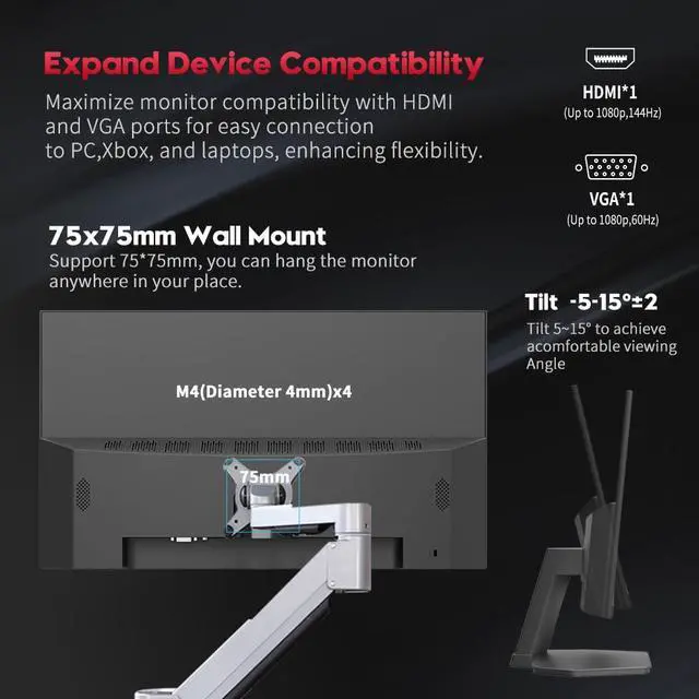 Alt view image 6 of 6 - 27 Inch Gaming Monitor 1080p 144hz, 1ms IPS FHD Computer Monitor with 110% sRGB, Bluelight Filter, HDMI & VGA Port, Support Wall Mount