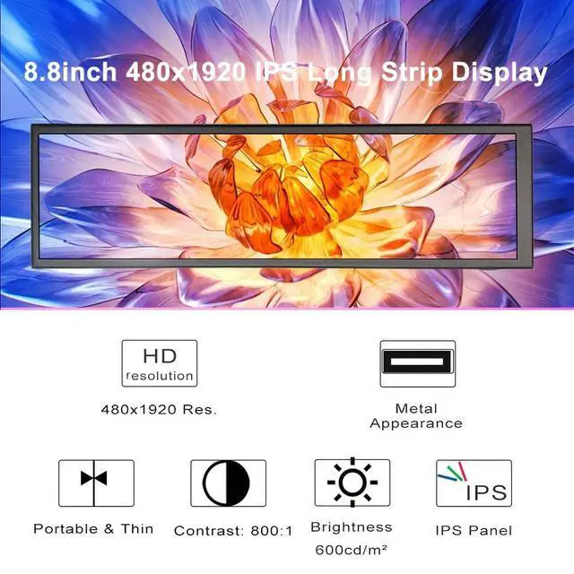 Alt view image 3 of 6 - 8.8-inch Touchscreen Bar Display, 1920x480, Metal Shell IPS Portable Touch Monitor with USB-C Port. Compatible with Raspberry Pi, Laptop Aida64 Monitoring, GPU/CPU Stats, and PC Case Mini Screen