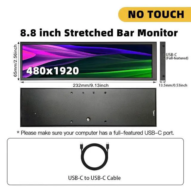 Alt view image 5 of 6 - 8.8-inch Touchscreen Bar Display, 1920x480, Metal Shell IPS Portable Touch Monitor with USB-C Port. Compatible with Raspberry Pi, Laptop Aida64 Monitoring, GPU/CPU Stats, and PC Case Mini Screen