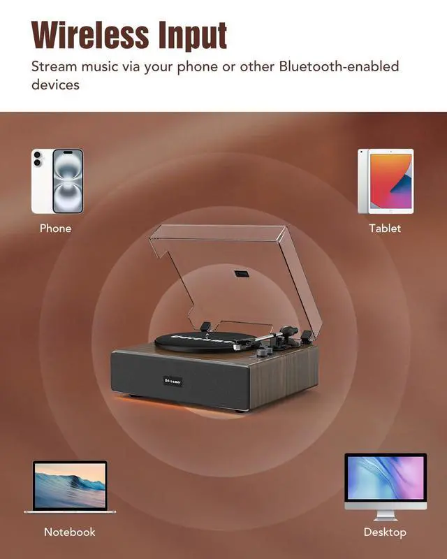 Alt view image 2 of 6 - Vinyl Record Player with Bluetooth Input, All-in-One Turntable with Built-in Speakers, AT-3600L Cartridge, Belt Drive 33/45 RPM, Auto Stop, Adjustable Lighting