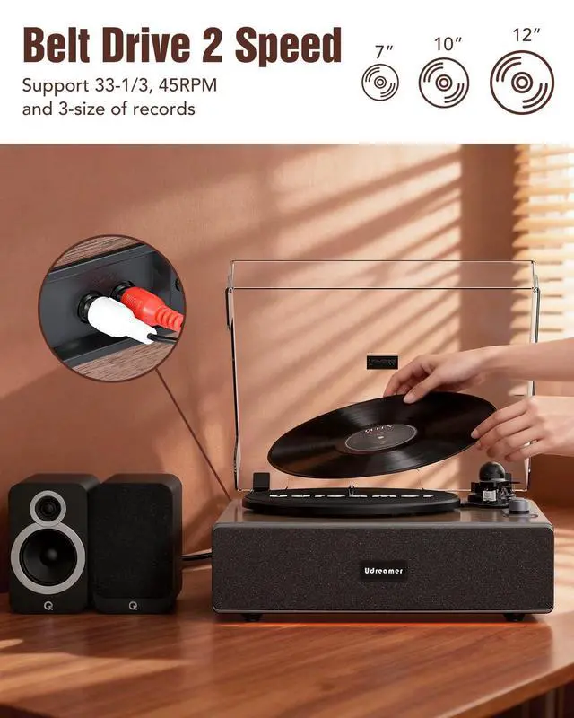 Alt view image 5 of 6 - Vinyl Record Player with Bluetooth Input, All-in-One Turntable with Built-in Speakers, AT-3600L Cartridge, Belt Drive 33/45 RPM, Auto Stop, Adjustable Lighting
