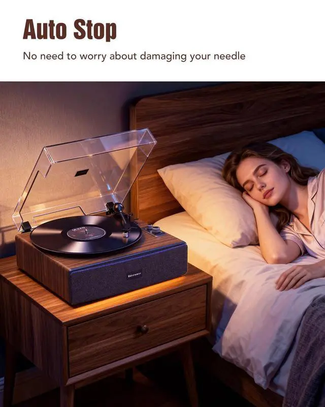 Alt view image 6 of 6 - Vinyl Record Player with Bluetooth Input, All-in-One Turntable with Built-in Speakers, AT-3600L Cartridge, Belt Drive 33/45 RPM, Auto Stop, Adjustable Lighting