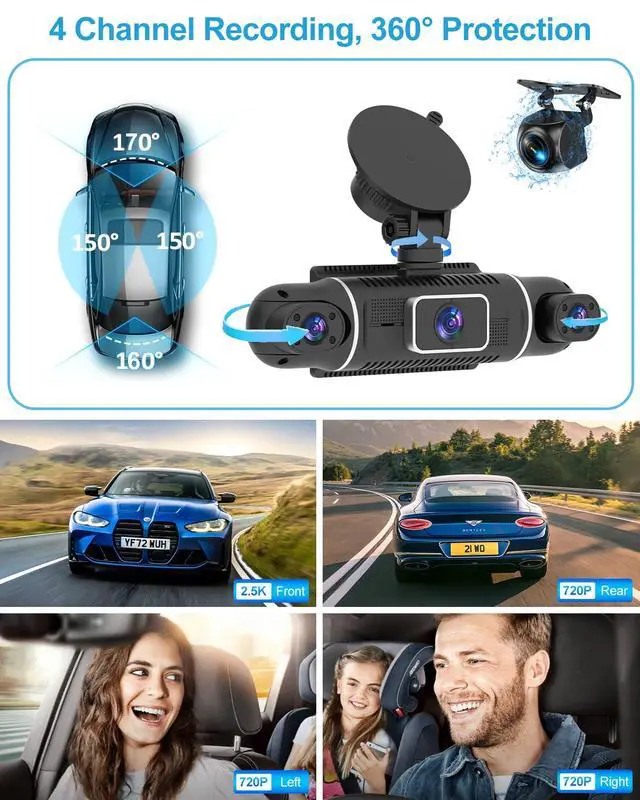 Alt view image 3 of 6 - 4 Channel Dash Cam Front and Rear Inside Left Right, 360° Dash Camera with 5GHz WiFi & App Control, 24H Parking Monitor, Super Night Vision, G-Sensor, Loop Recording, 64GB SD Card Included