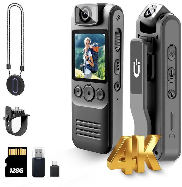Main image of 4K 128GB Body Camera, Audio and Video Recording, with Magnetic Back Clip&Bike Mount, 180°Rotating Lens, Wearable Portable Bodycam for Outdoor/Sports/Security/Police