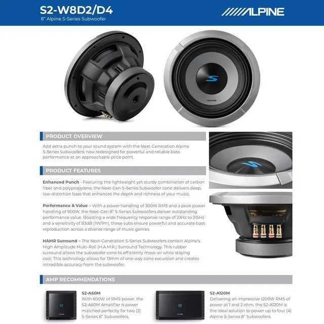 Alt view image 6 of 6 - S2-W8D4 8" S-Series Dual 4 Ohm Car Subwoofer, 900W Max, 300W RMS