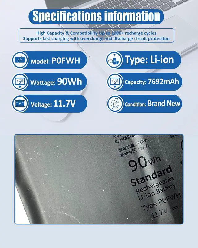 Alt view image 4 of 6 - 90Wh P0FWH Laptop Battery Replacement for Dell Alienware m16 R2 Inspiron 16 Plus 7640 Inspiron 16 7640 2-in-1 Series P0FWH POFWH 0M9DG0 HGJCY