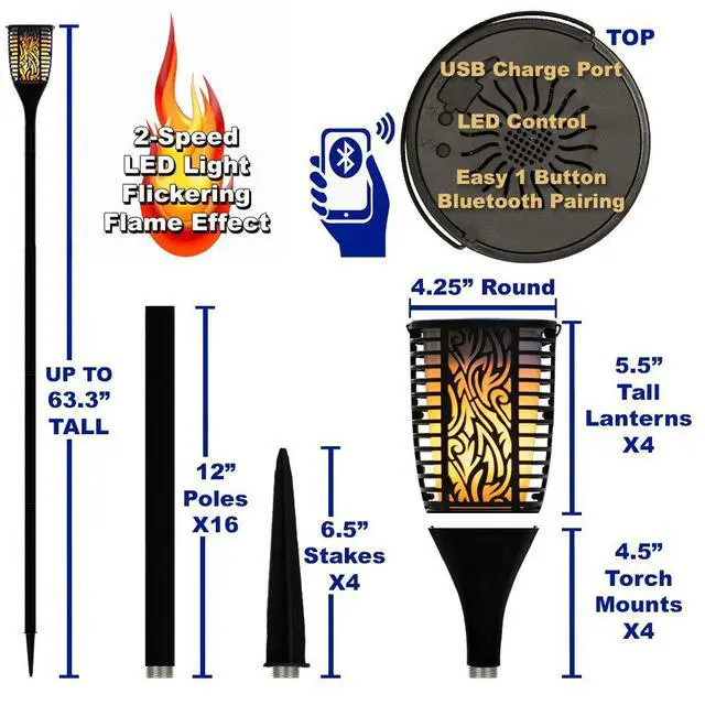 Alt view image 5 of 6 - TT100 Fully Wireless 240 Watt Rechargeable Battery Bluetooth Tiki Torch Speaker 4 Pack Lanterns Link Up to 99 Speakers Wirelessly