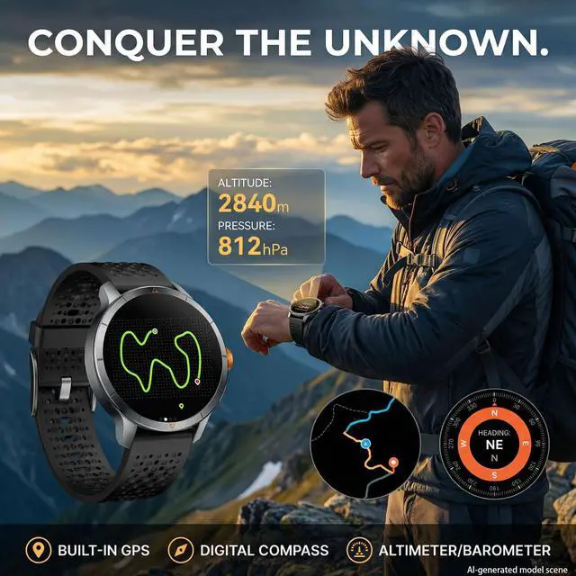 Alt view image 2 of 6 - Rugged Smart Watch for Men with Built-in GPS, 1.6" AMOLED, 5ATM Waterproof Tactical Watch with Altimeter Barometer Compass, Bluetooth Calls, Outdoor Fitness Tracker for Android & iPhone - Black