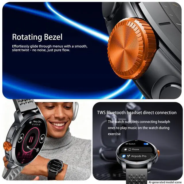 Alt view image 6 of 6 - Rugged Smart Watch for Men with Built-in GPS, 1.6" AMOLED, 5ATM Waterproof Tactical Watch with Altimeter Barometer Compass, Bluetooth Calls, Outdoor Fitness Tracker for Android & iPhone - Black