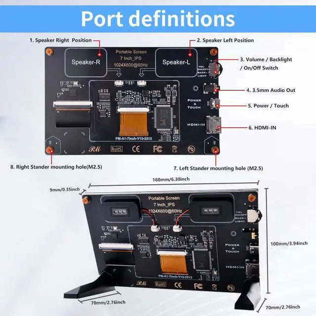 Alt view image 2 of 6 - 7 Inch Capacitive Touchscreen for Raspberry Pi, 1024x600 IPS LCD Display with Dual-Speaker, HDMI Portable Monitor for Raspberry Pi 5/Pi 4B/3B+/3B/B+/Zero/400, Win11/10/8/7, Free-Driver