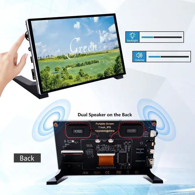 Alt view image 3 of 6 - 7 Inch Capacitive Touchscreen for Raspberry Pi, 1024x600 IPS LCD Display with Dual-Speaker, HDMI Portable Monitor for Raspberry Pi 5/Pi 4B/3B+/3B/B+/Zero/400, Win11/10/8/7, Free-Driver