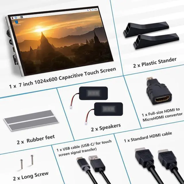 Alt view image 4 of 6 - 7 Inch Capacitive Touchscreen for Raspberry Pi, 1024x600 IPS LCD Display with Dual-Speaker, HDMI Portable Monitor for Raspberry Pi 5/Pi 4B/3B+/3B/B+/Zero/400, Win11/10/8/7, Free-Driver