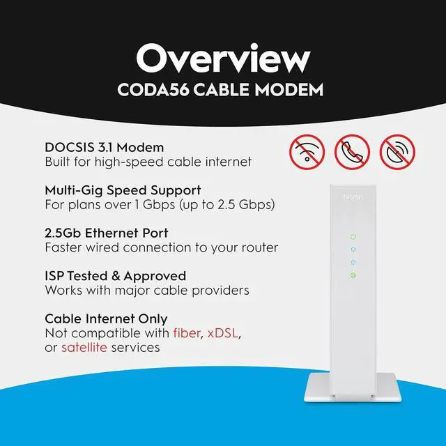 Alt view image 4 of 5 - CODA56 Multi-Gigabit DOCSIS 3.1 Modem | 2.5 Gbps Max Internet Speeds | Certified with Xfinity, Charter Spectrum, Cox | 2.5 Gbps Ethernet Cable Modem ONLY | Requires Separate WiFi Router