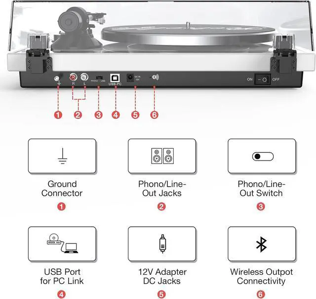 Alt view image 6 of 7 - Vinyl Record Player Turntables with Wireless Output Connectivity Vinyls Players Belt-Drive 33 45 RPM Speed Phono Line USB Digital to PC Recording MM Cartridge AT-3600L Classic New Sleek Piano White