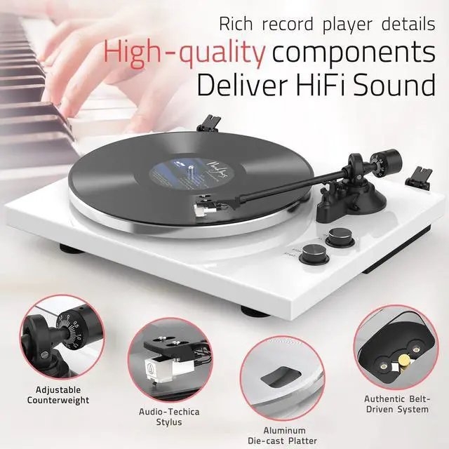 Alt view image 4 of 7 - Vinyl Record Player Turntables with Wireless Output Connectivity Vinyls Players Belt-Drive 33 45 RPM Speed Phono Line USB Digital to PC Recording MM Cartridge AT-3600L Classic New Sleek Piano White