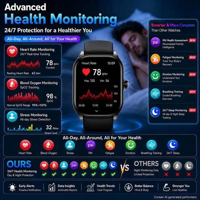 Alt view image 4 of 6 - Smart Watch for Men Women Built-in GPS with AI (Answer/Make Call), 1.96" HD Display, IP68 Waterproof, Bluetooth Calls, 100+ Sport Modes, 24/7 Health Monitor, Fitness Tracker for Android iPhone