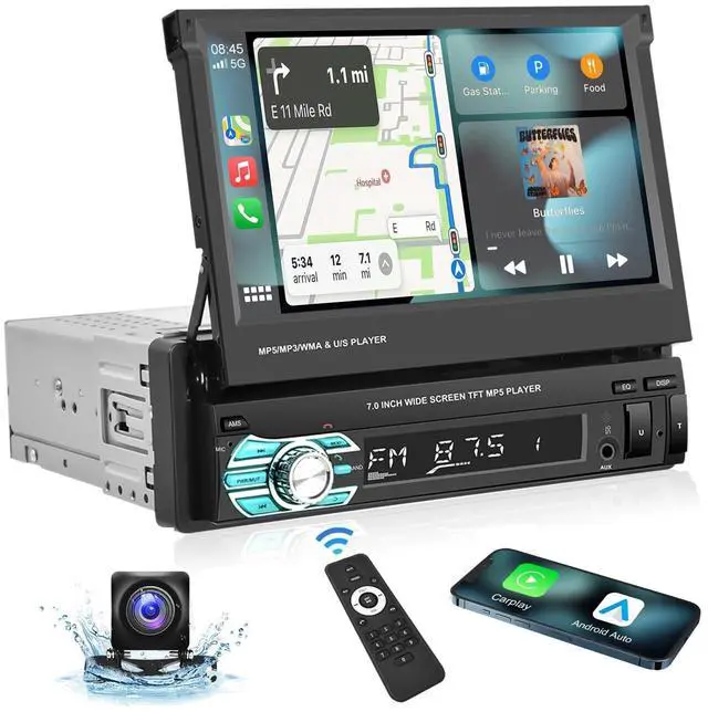 Main image of Single Din Carplay Car Stereo with Bluetooth AHD Backup Camera, 7 Inch flip Out Touch Screen Car Radio MP5 Player Support Android Auto, Mirror Link, USB, TF, FM Radio, Aux-in, SWC