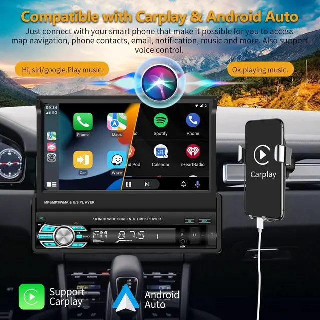 Alt view image 2 of 6 - Single Din Carplay Car Stereo with Bluetooth AHD Backup Camera, 7 Inch flip Out Touch Screen Car Radio MP5 Player Support Android Auto, Mirror Link, USB, TF, FM Radio, Aux-in, SWC
