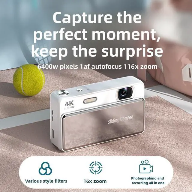 Alt view image 4 of 6 - 4K Sliding Digital Camera, 64MP HD Auto Focus 16X Zoom Retro CCD Camera with 2.8 Inch Screen, Vlogging for Photography and Video (Silver)