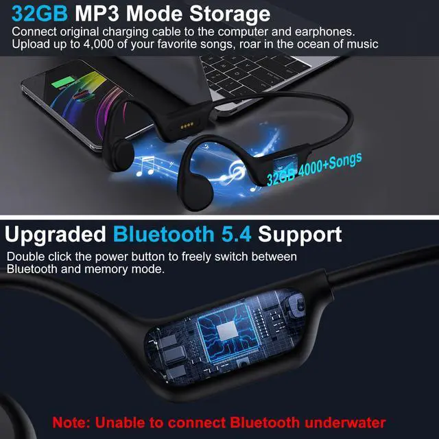 Alt view image 6 of 6 - Swimming Bone Conduction Headphones, IPX8 Open Ear Headphones Bluetooth 5.4 Waterproof Earbuds with 32GB MP3 7H Playtimes, Underwater Headphones for MarathonSwimmingRunningCycling