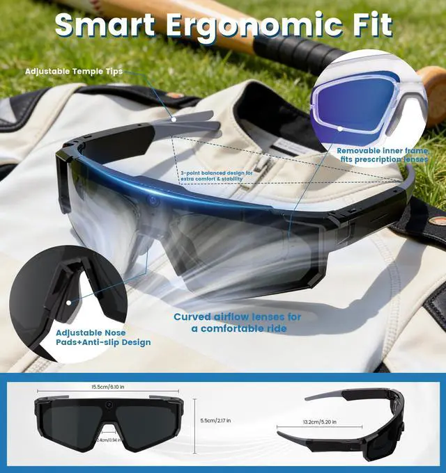 Alt view image 4 of 6 - AI Smart Glasses with Camera 8MP,1200P HD Video Recording Camera Glasses for Men,Women, Polarized Sports Running Sunglasses with Bluetooth Call,Dual Mic Noise Canceling,ChatGPT for Cycling Hiking