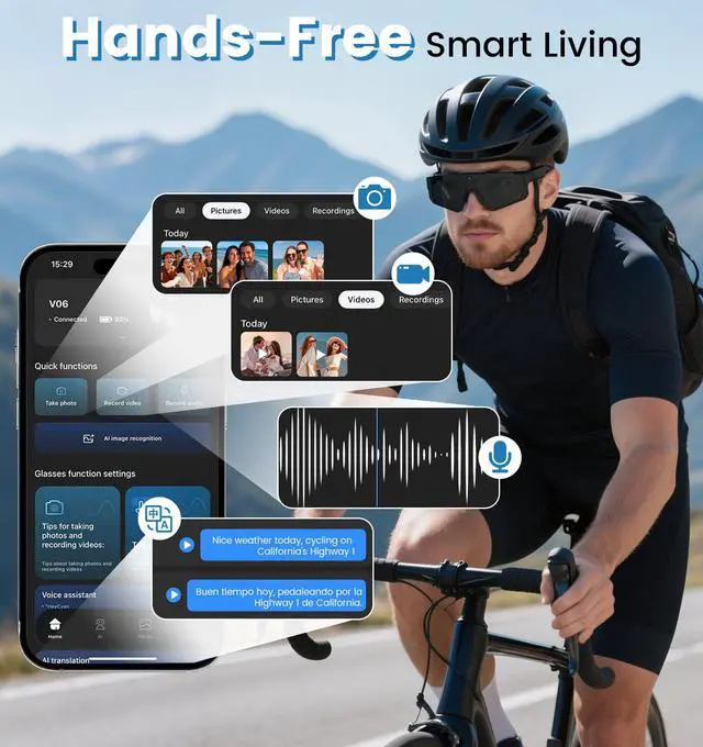 Alt view image 5 of 6 - AI Smart Glasses with Camera 8MP,1200P HD Video Recording Camera Glasses for Men,Women, Polarized Sports Running Sunglasses with Bluetooth Call,Dual Mic Noise Canceling,ChatGPT for Cycling Hiking