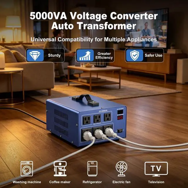 Alt view image 2 of 6 - 5000W Voltage Converter Transformer Step Up/Down 110V/120V to 220V/240V, Auto Voltage Recognition, Heavy Duty Power Converter with 6 Outlets, LCD Display & Circuit Breaker for Home, International Use