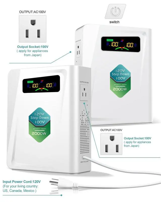 Alt view image 2 of 6 - Step Down Transformer 120v to 100v Voltage Converter 2000W, No Noise, Ten Protection Functions, Using Japan Appliances in US