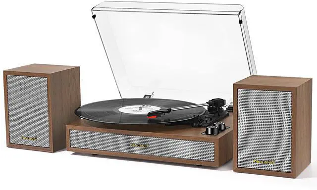 Main image of Vinyl Record Player with External Bookshelf Speakers, 33-1/3 45 78 RPM Vintage Bluetooth Stereo Turntable for Vinyl Records,Belt-Driven System, Auto-Stop, Support AUX/RCA, Tan Oak Finish