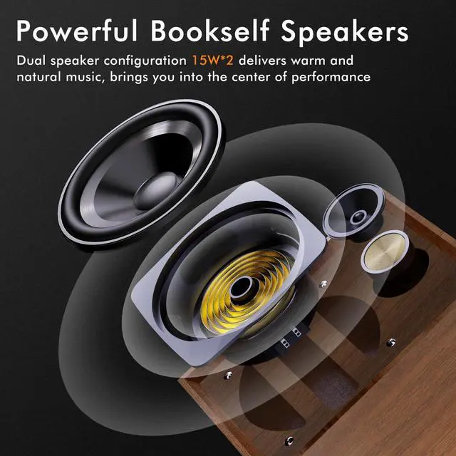Alt view image 2 of 6 - Vinyl Record Player with External Bookshelf Speakers, 33-1/3 45 78 RPM Vintage Bluetooth Stereo Turntable for Vinyl Records,Belt-Driven System, Auto-Stop, Support AUX/RCA, Tan Oak Finish