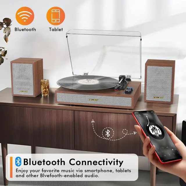 Alt view image 3 of 6 - Vinyl Record Player with External Bookshelf Speakers, 33-1/3 45 78 RPM Vintage Bluetooth Stereo Turntable for Vinyl Records,Belt-Driven System, Auto-Stop, Support AUX/RCA, Tan Oak Finish