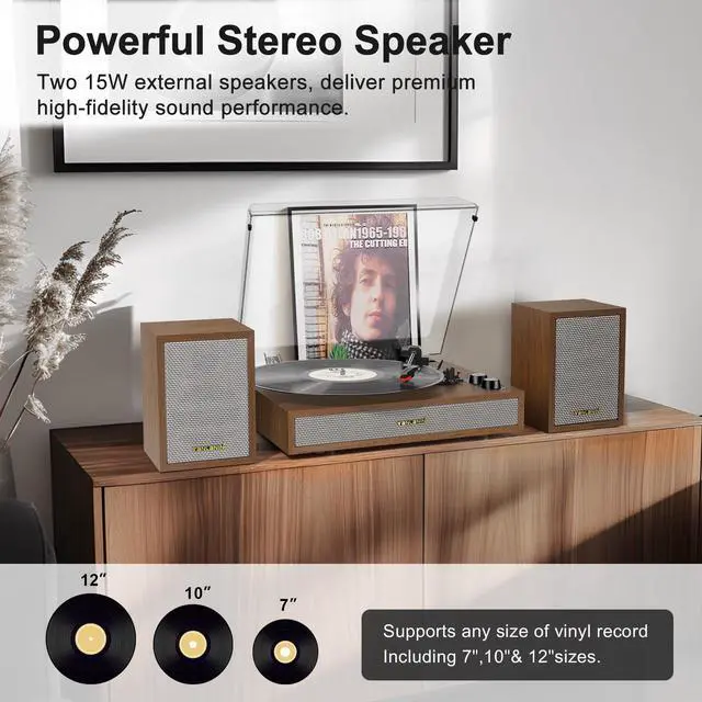 Alt view image 4 of 6 - Vinyl Record Player with External Bookshelf Speakers, 33-1/3 45 78 RPM Vintage Bluetooth Stereo Turntable for Vinyl Records,Belt-Driven System, Auto-Stop, Support AUX/RCA, Tan Oak Finish