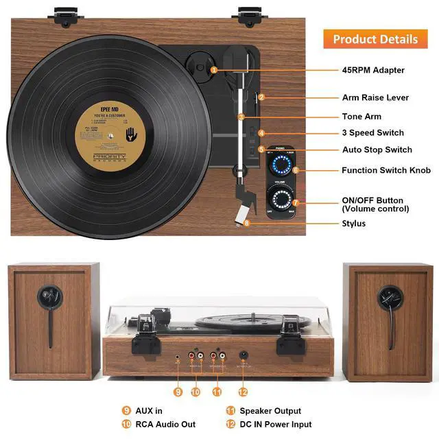 Alt view image 5 of 6 - Vinyl Record Player with External Bookshelf Speakers, 33-1/3 45 78 RPM Vintage Bluetooth Stereo Turntable for Vinyl Records,Belt-Driven System, Auto-Stop, Support AUX/RCA, Tan Oak Finish