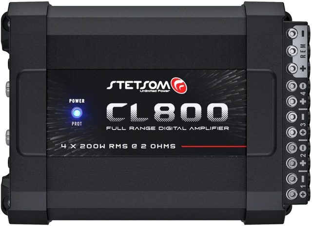 Main image of CL 800.4 2 Ohm Car Audio Amplifier 800 Watts RMS, 4 Channel Class D Full Range Amp, Compact Multichannel Stereo Amplifier with RCA & High Level Input, HPF/LPF Crossover, Brazilian Technology