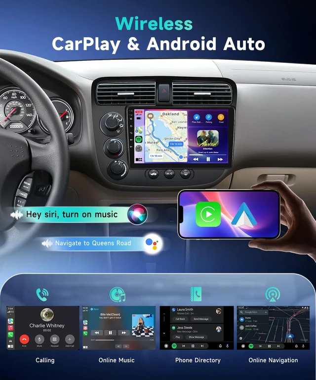 Alt view image 5 of 6 - 2G+64G Android 13 Car Stereo for Honda Civic 2001-2005 with Wireless Carplay Android Auto, 9 Inch Touch Screen Radio Support GPS, WiFi, Bluetooth, FM, SWC, Backup Camera
