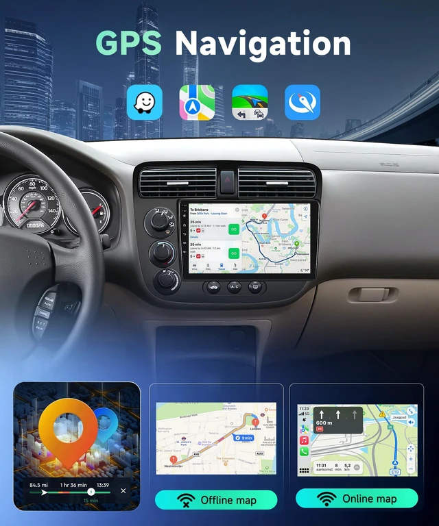Alt view image 6 of 6 - 2G+64G Android 13 Car Stereo for Honda Civic 2001-2005 with Wireless Carplay Android Auto, 9 Inch Touch Screen Radio Support GPS, WiFi, Bluetooth, FM, SWC, Backup Camera