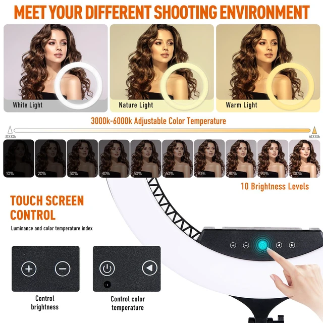 Alt view image 2 of 6 - 21 inch LED Ring Light with Tripod Stand 6000K Dimmable Makeup Selfie Light with Touch Panel Phone Holders for YouTube Vlog Video Shooting Include Carrying Bag and Remote Control CRI>90