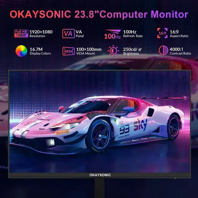 Alt view image 2 of 6 - 24" FHD Office Monitor - 100Hz Refresh Rate & 1ms Response for Ultra-Smooth AMD FreeSync, Frameless, Built-in Speakers, Eye Care
