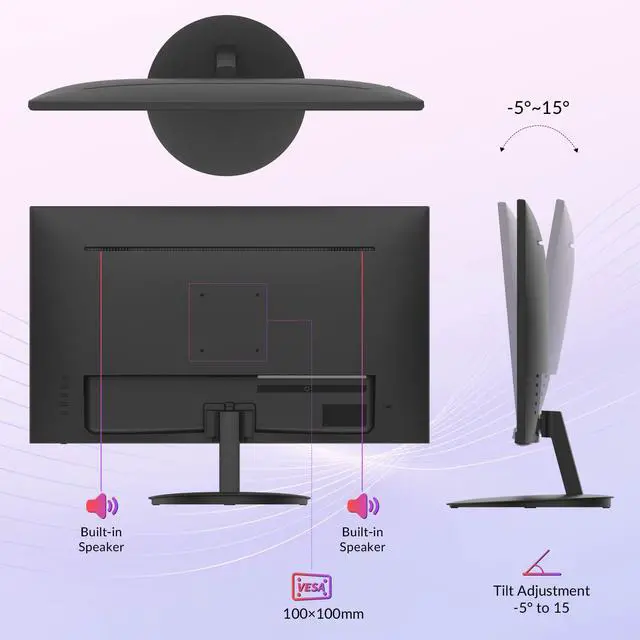 Alt view image 6 of 6 - 24" FHD Office Monitor - 100Hz Refresh Rate & 1ms Response for Ultra-Smooth AMD FreeSync, Frameless, Built-in Speakers, Eye Care