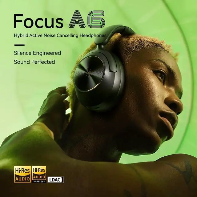 Alt view image 2 of 6 - Focus A6 Hybrid Active Noise Cancelling Headphones, 75H Playtime, LDAC Hi-Res Lossless Audio, Bluetooth 6.0, Dual Mic ENC Call, Support Wired ANC via USB-C, Wireless Over Ear Headphones | 75H playtime