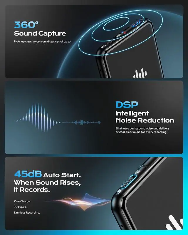 Alt view image 6 of 6 - 128GB (9800Hour) Digital Voice Activated Recorder, Double-Sided Magnetic Audio Recorder with Playback, USB-C Voice Recorder with AI Noise Reduction, MP3 Listening Devices, 70H Continuous for Lectures