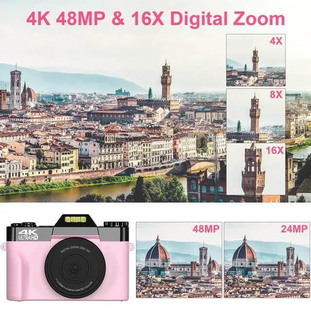 Alt view image 2 of 6 - Digital Cameras for Photography, 4K 48MP Vlogging Camera 16X Digital Zoom Manual Focus Students Compact Camera with 52mm Wide-Angle Lens & Macro Lens, 32G Micro Card and 2 Batteries (Pink) | Manual Fo