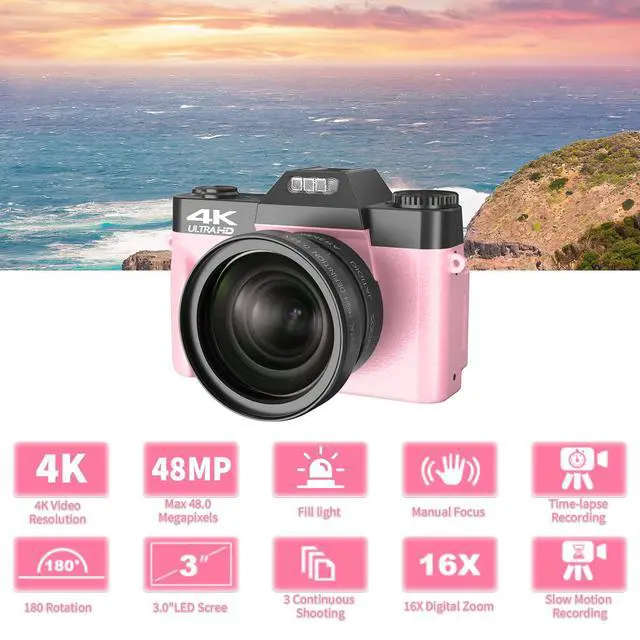 Alt view image 3 of 6 - Digital Cameras for Photography, 4K 48MP Vlogging Camera 16X Digital Zoom Manual Focus Students Compact Camera with 52mm Wide-Angle Lens & Macro Lens, 32G Micro Card and 2 Batteries (Pink) | Manual Fo