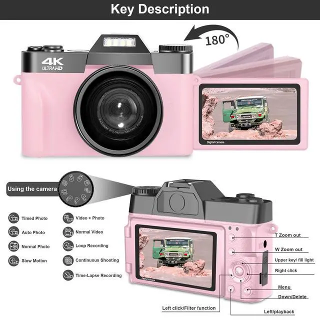 Alt view image 4 of 6 - Digital Cameras for Photography, 4K 48MP Vlogging Camera 16X Digital Zoom Manual Focus Students Compact Camera with 52mm Wide-Angle Lens & Macro Lens, 32G Micro Card and 2 Batteries (Pink) | Manual Fo
