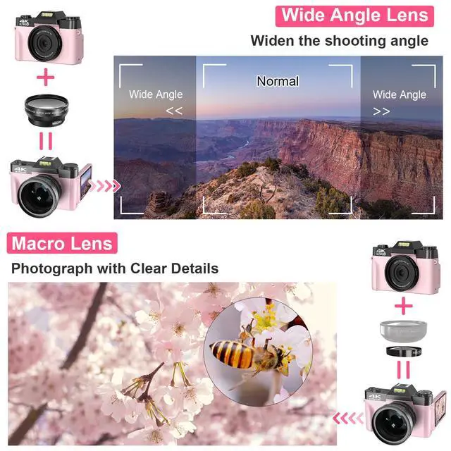 Alt view image 6 of 6 - Digital Cameras for Photography, 4K 48MP Vlogging Camera 16X Digital Zoom Manual Focus Students Compact Camera with 52mm Wide-Angle Lens & Macro Lens, 32G Micro Card and 2 Batteries (Pink) | Manual Fo