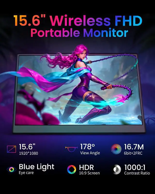 Alt view image 5 of 6 - Wireless Monitor,1080P IPS Slim Portable Monitor Support AirPlay Miracast | Wireless Portable Monitor with USB-C HDMI /VESA/Sleeve, 15.6 inch Portable Monitor for Laptop/ PS4/5/Switch/Mac /Phone/Xbox