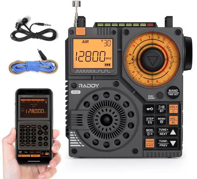 Main image of RF320 App Control Shortwave Radio, All-Band Receiver, Black | AIR/FM/AM/VHF/SW/WB coverage, 9.85 ft wire antenna included, rechargeable battery