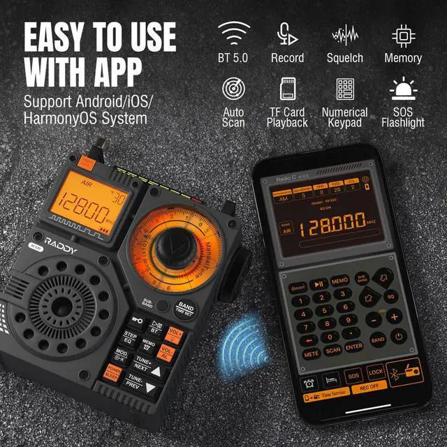 Alt view image 2 of 6 - RF320 App Control Shortwave Radio, All-Band Receiver, Black | AIR/FM/AM/VHF/SW/WB coverage, 9.85 ft wire antenna included, rechargeable battery