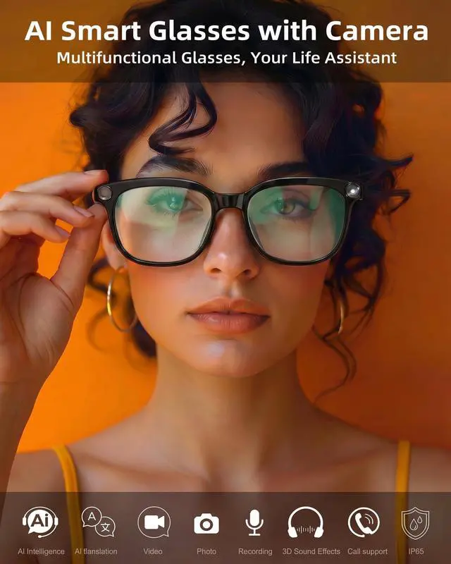 Alt view image 2 of 6 - AI Smart Glasses with Camera and Audio, 4K HD Video Recording Glasses, 8MP Camera Glasses for Men Women, AI Voice, Real-Time Translation, Photochromic Lenses, IP65 Waterproof for Travel & Meetings