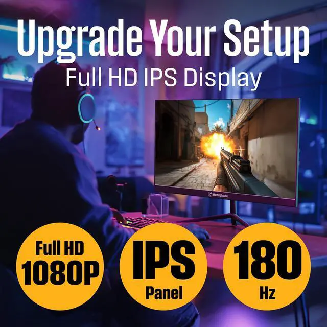 Alt view image 2 of 6 - 24 Inch Gaming Monitor, IPS, 180Hz, 1ms, Built in Speakers, HD 1080P, 110% sRGB, AMD FreeSync, Eyecare, Computer Monitor for Office, PC & Console Games, DisplayPort, HDMIx2/Gaming Mode
